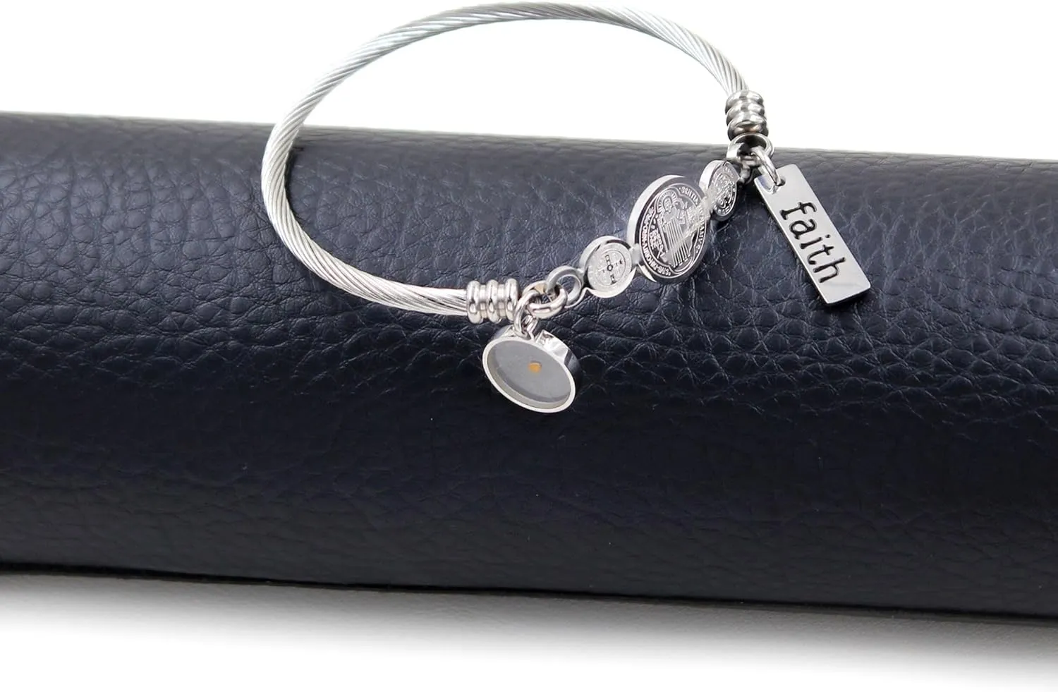 White/Gold/Rose Gold Plated Stainless Steel Twisted Rope Saint Benedict Medal Bangle Bracelets for Women - Mustard Seed Faith CSPB Cross Christian Jewelry for Church Prayer Y4231