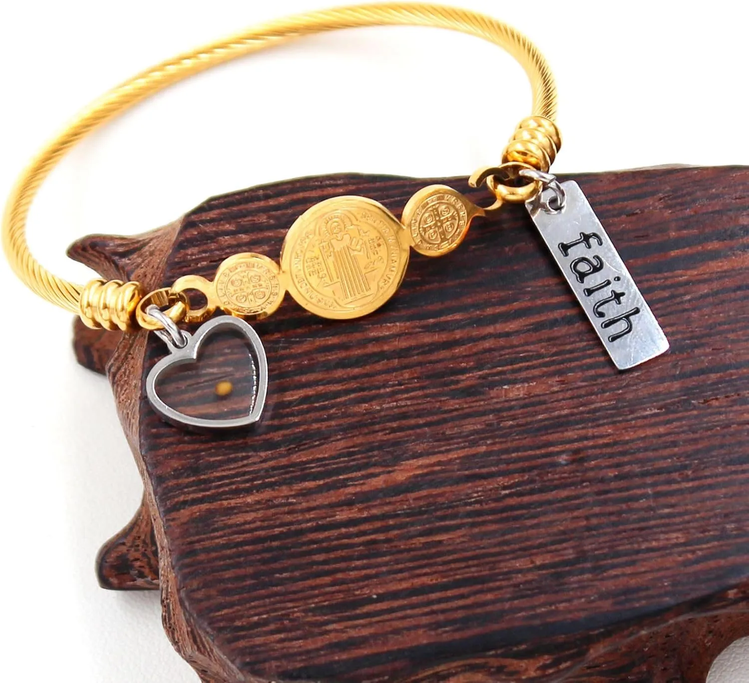 White/Gold/Rose Gold Plated Stainless Steel Twisted Rope Saint Benedict Medal Bangle Bracelets for Women - Mustard Seed Faith CSPB Cross Christian Jewelry for Church Prayer Y4231