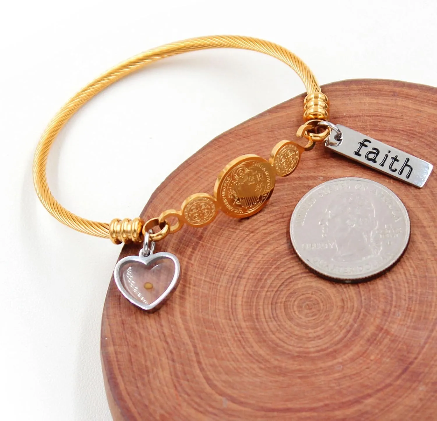 White/Gold/Rose Gold Plated Stainless Steel Twisted Rope Saint Benedict Medal Bangle Bracelets for Women - Mustard Seed Faith CSPB Cross Christian Jewelry for Church Prayer Y4231