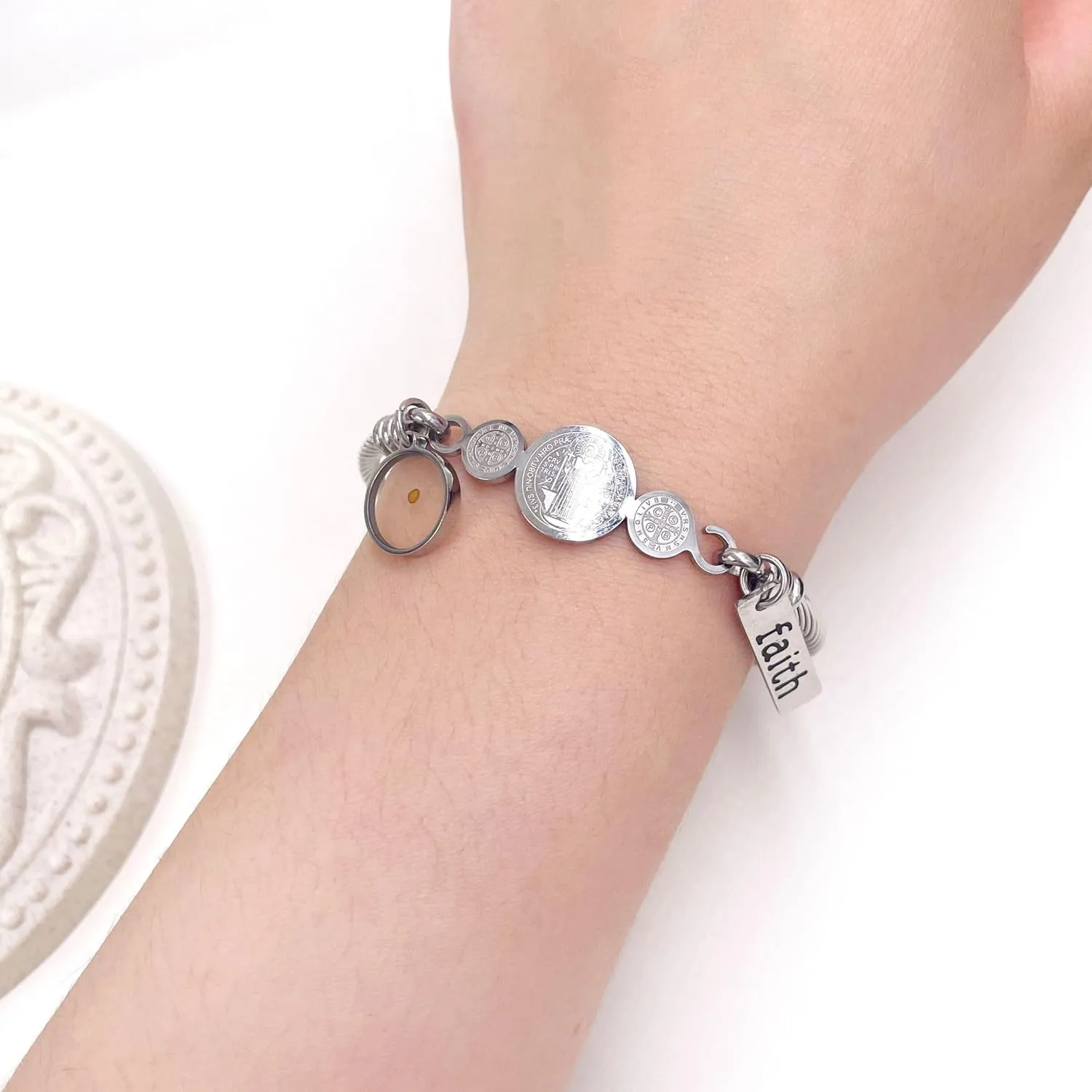 White/Gold/Rose Gold Plated Stainless Steel Twisted Rope Saint Benedict Medal Bangle Bracelets for Women - Mustard Seed Faith CSPB Cross Christian Jewelry for Church Prayer Y4231
