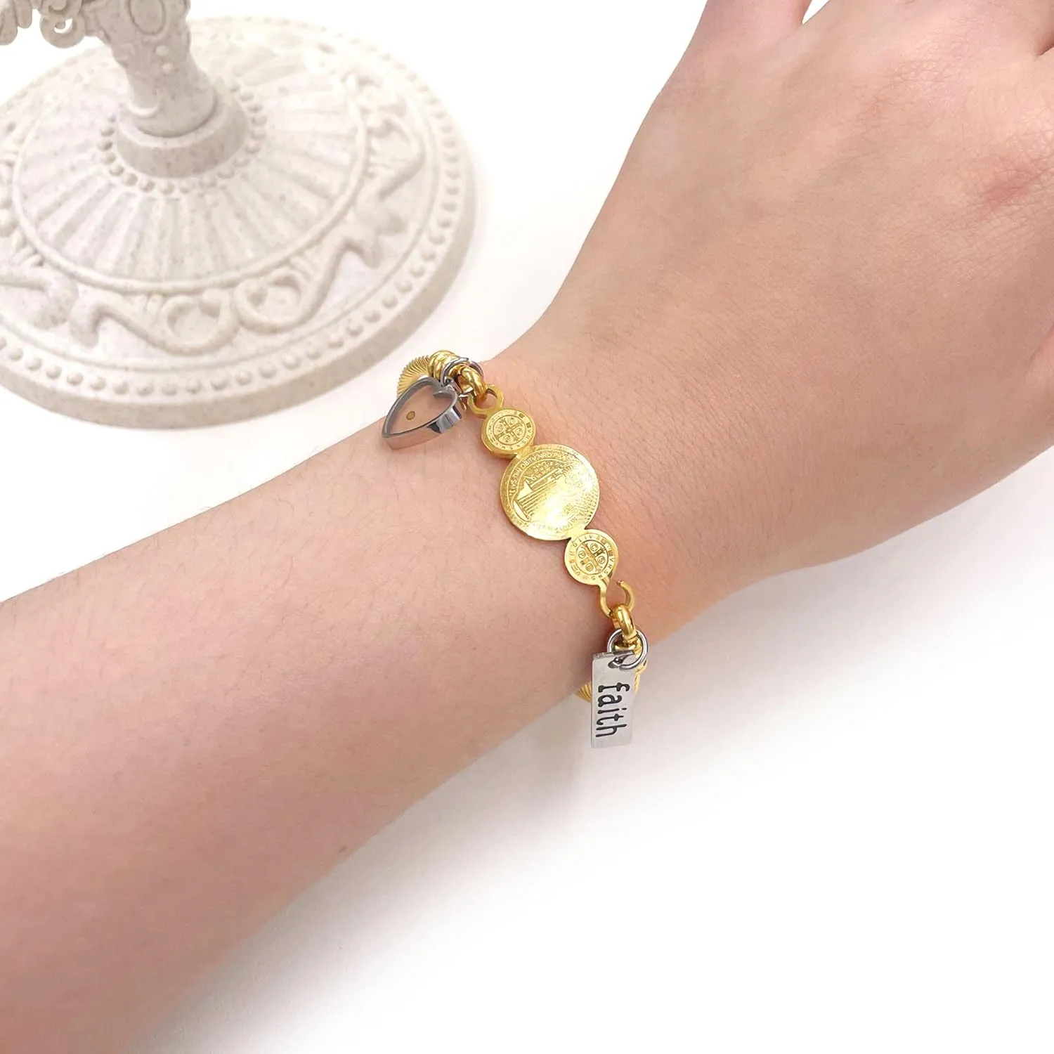 White/Gold/Rose Gold Plated Stainless Steel Twisted Rope Saint Benedict Medal Bangle Bracelets for Women - Mustard Seed Faith CSPB Cross Christian Jewelry for Church Prayer Y4231
