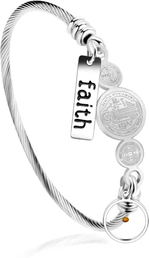 White/Gold/Rose Gold Plated Stainless Steel Twisted Rope Saint Benedict Medal Bangle Bracelets for Women - Mustard Seed Faith CSPB Cross Christian Jewelry for Church Prayer Y4231