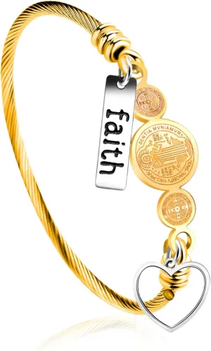 White/Gold/Rose Gold Plated Stainless Steel Twisted Rope Saint Benedict Medal Bangle Bracelets for Women - Mustard Seed Faith CSPB Cross Christian Jewelry for Church Prayer Y4231