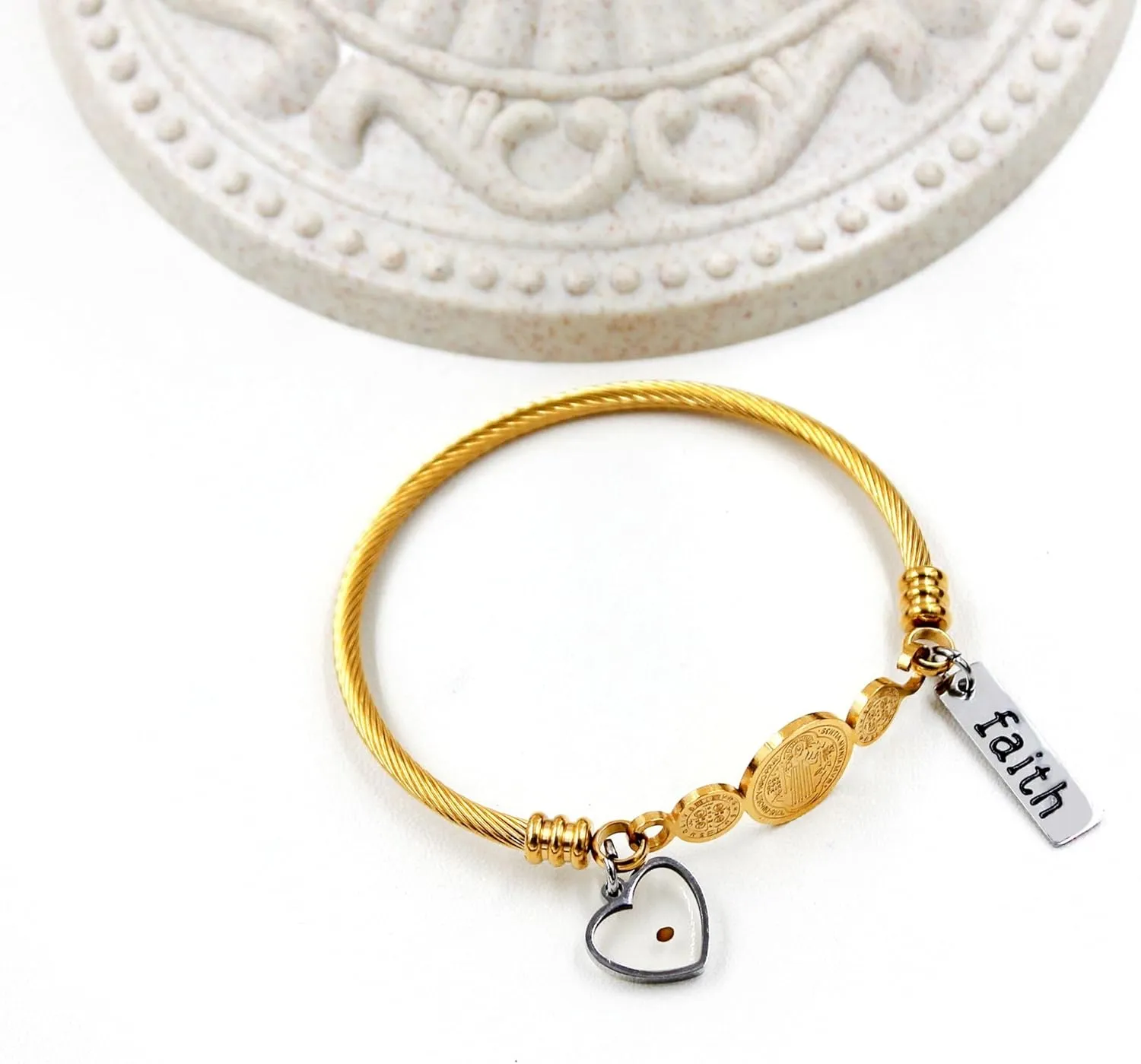 White/Gold/Rose Gold Plated Stainless Steel Twisted Rope Saint Benedict Medal Bangle Bracelets for Women - Mustard Seed Faith CSPB Cross Christian Jewelry for Church Prayer Y4231