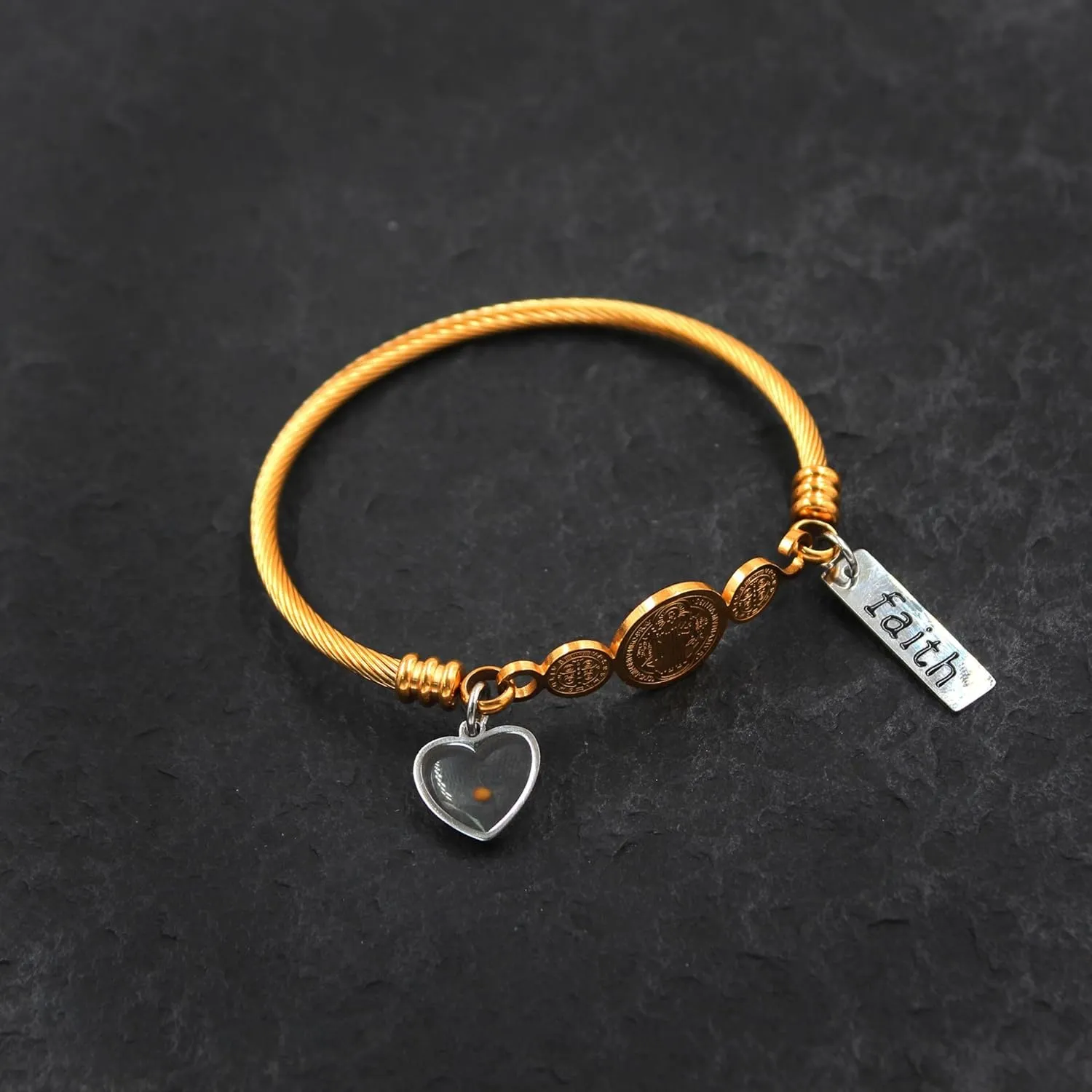 White/Gold/Rose Gold Plated Stainless Steel Twisted Rope Saint Benedict Medal Bangle Bracelets for Women - Mustard Seed Faith CSPB Cross Christian Jewelry for Church Prayer Y4231