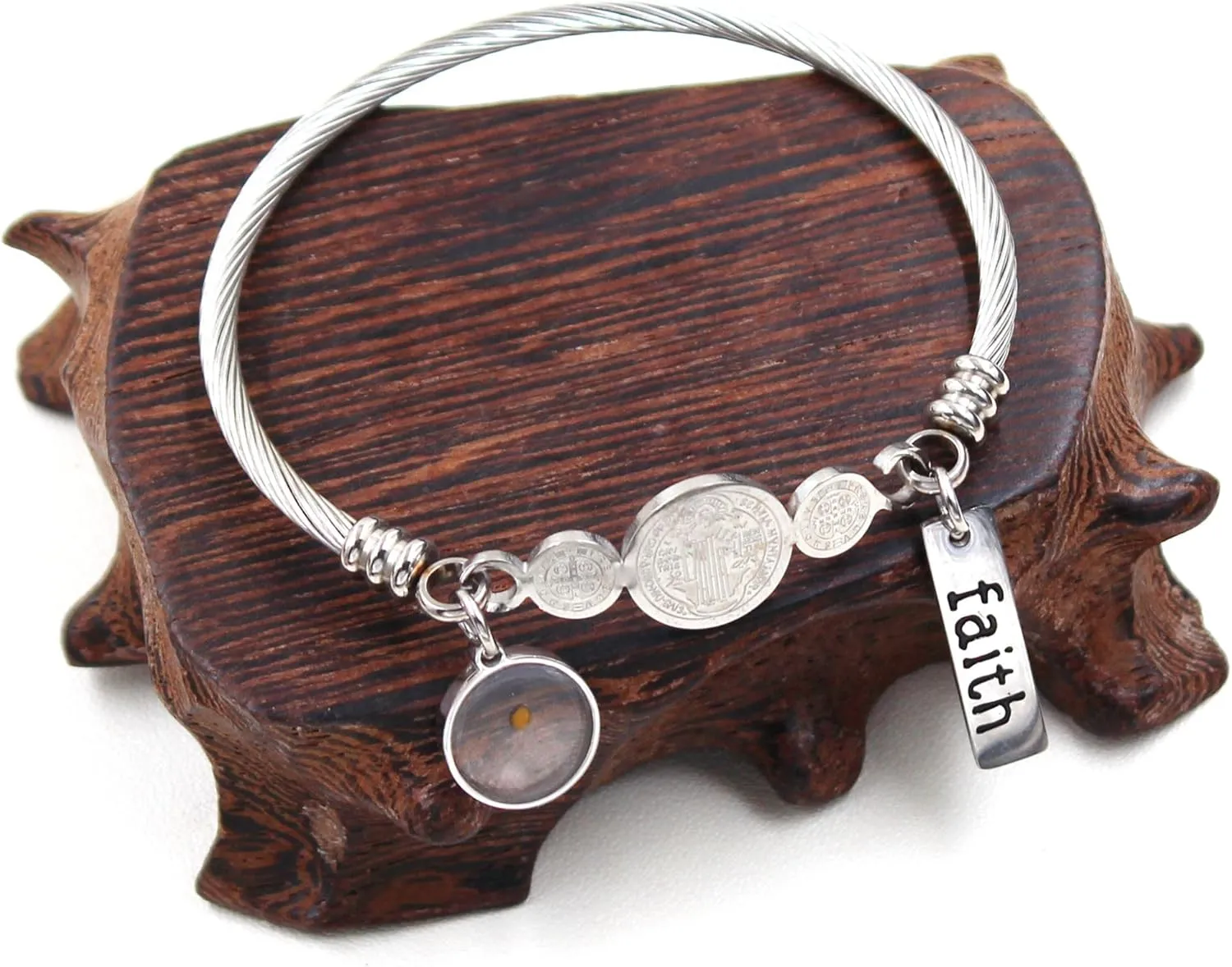 White/Gold/Rose Gold Plated Stainless Steel Twisted Rope Saint Benedict Medal Bangle Bracelets for Women - Mustard Seed Faith CSPB Cross Christian Jewelry for Church Prayer Y4231