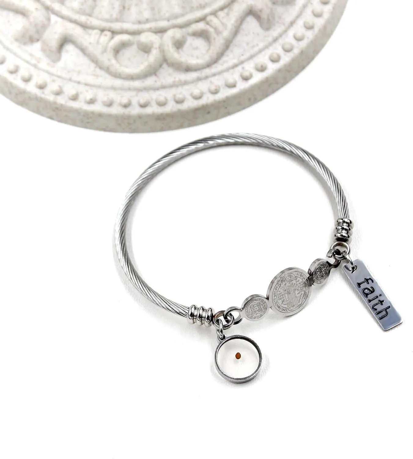 White/Gold/Rose Gold Plated Stainless Steel Twisted Rope Saint Benedict Medal Bangle Bracelets for Women - Mustard Seed Faith CSPB Cross Christian Jewelry for Church Prayer Y4231