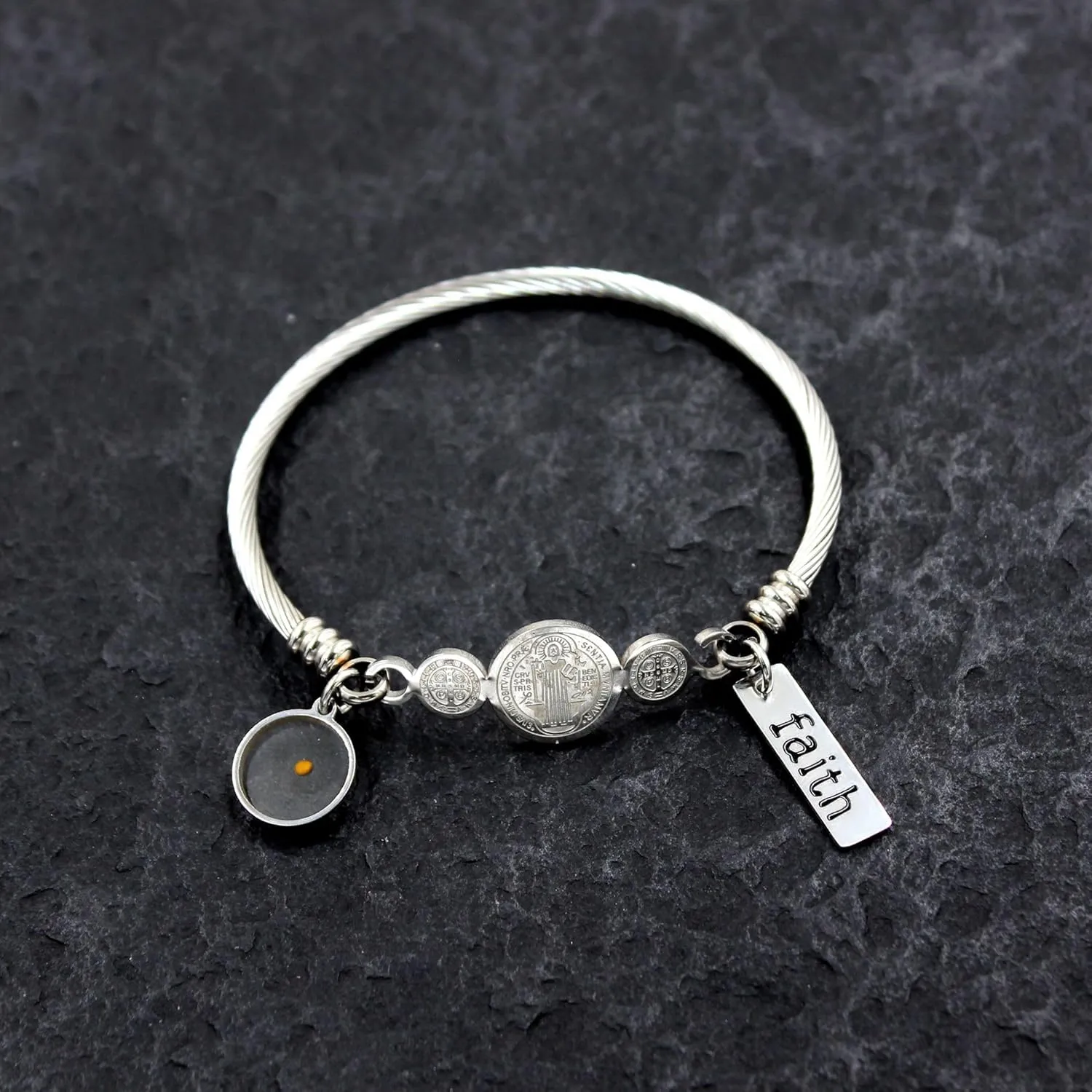 White/Gold/Rose Gold Plated Stainless Steel Twisted Rope Saint Benedict Medal Bangle Bracelets for Women - Mustard Seed Faith CSPB Cross Christian Jewelry for Church Prayer Y4231