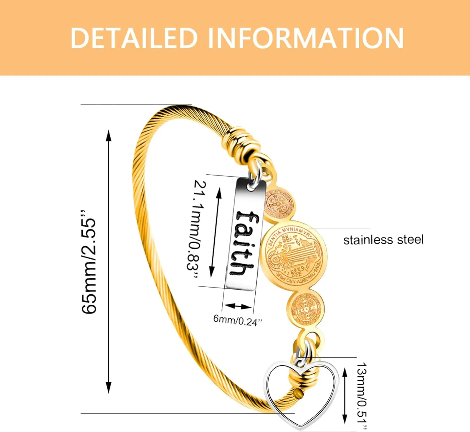 White/Gold/Rose Gold Plated Stainless Steel Twisted Rope Saint Benedict Medal Bangle Bracelets for Women - Mustard Seed Faith CSPB Cross Christian Jewelry for Church Prayer Y4231