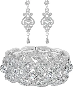 Womens Rhinestone Crystal Wedding Bridal Bridesmaid Tennis Bangles Statement Elastic Stretch Bracelets Rhinestone Chandelier Wedding Bridal Drop Dangle Earrings Jewelry Sets