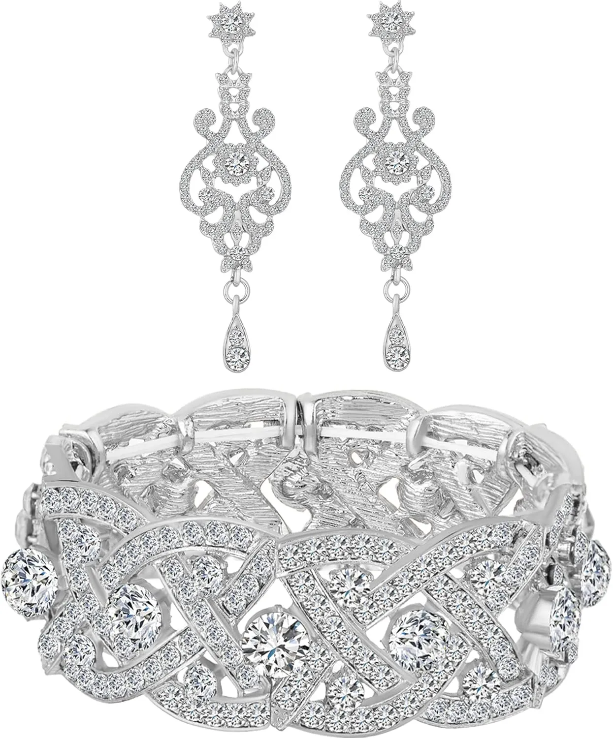 Womens Rhinestone Crystal Wedding Bridal Bridesmaid Tennis Bangles Statement Elastic Stretch Bracelets Rhinestone Chandelier Wedding Bridal Drop Dangle Earrings Jewelry Sets