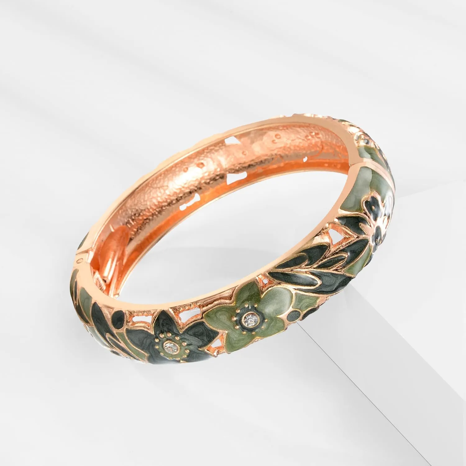 wynameleri Vintage Jewelry Cloisonne Handcrafted Enameled Gorgeous Rhinestone Rose Gold Hinged Cuff Bracelet Bangles Gifts 88A-55A128