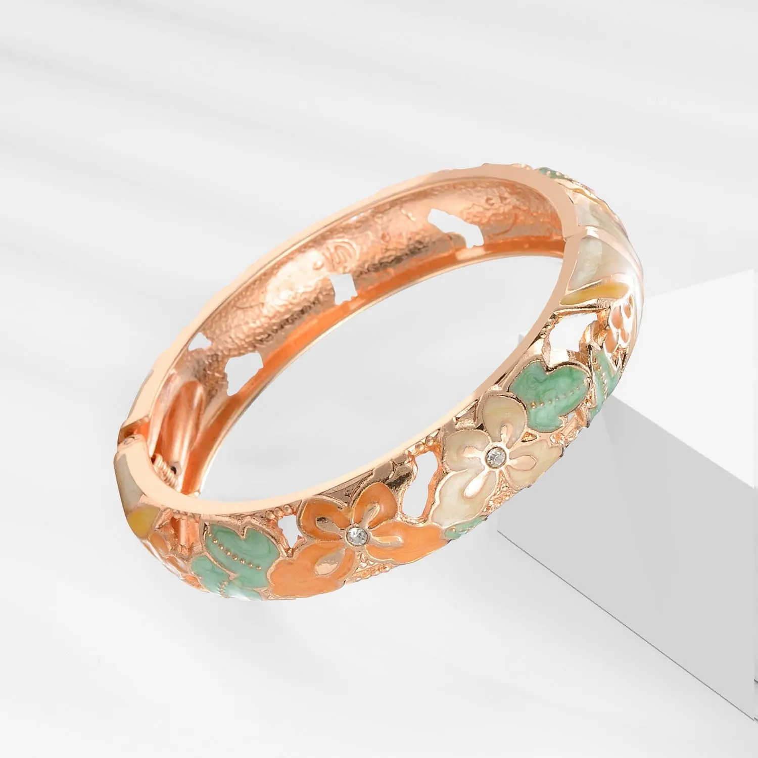 wynameleri Vintage Jewelry Cloisonne Handcrafted Enameled Gorgeous Rhinestone Rose Gold Hinged Cuff Bracelet Bangles Gifts 88A-55A128