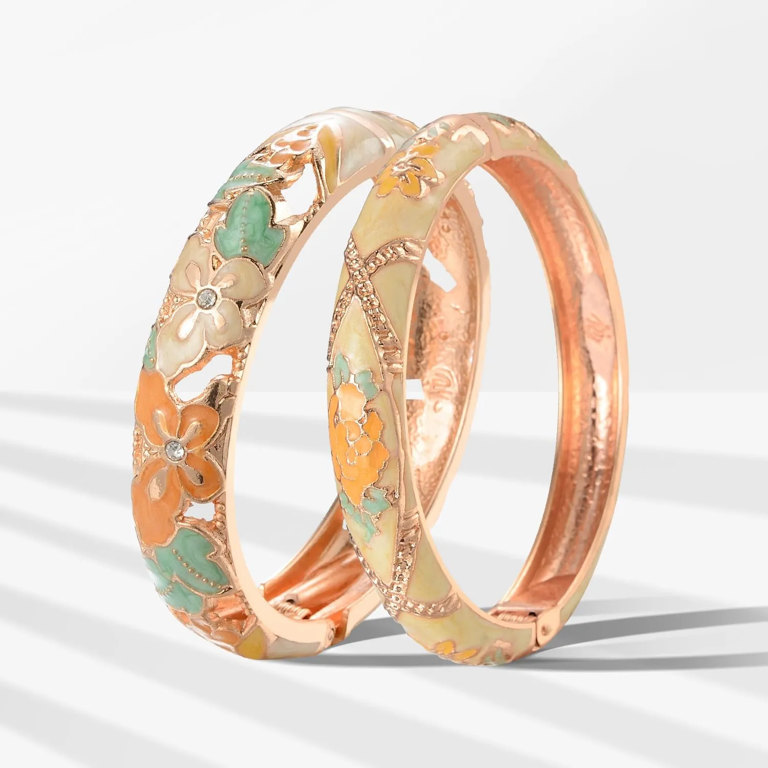 wynameleri Vintage Jewelry Cloisonne Handcrafted Enameled Gorgeous Rhinestone Rose Gold Hinged Cuff Bracelet Bangles Gifts 88A-55A128