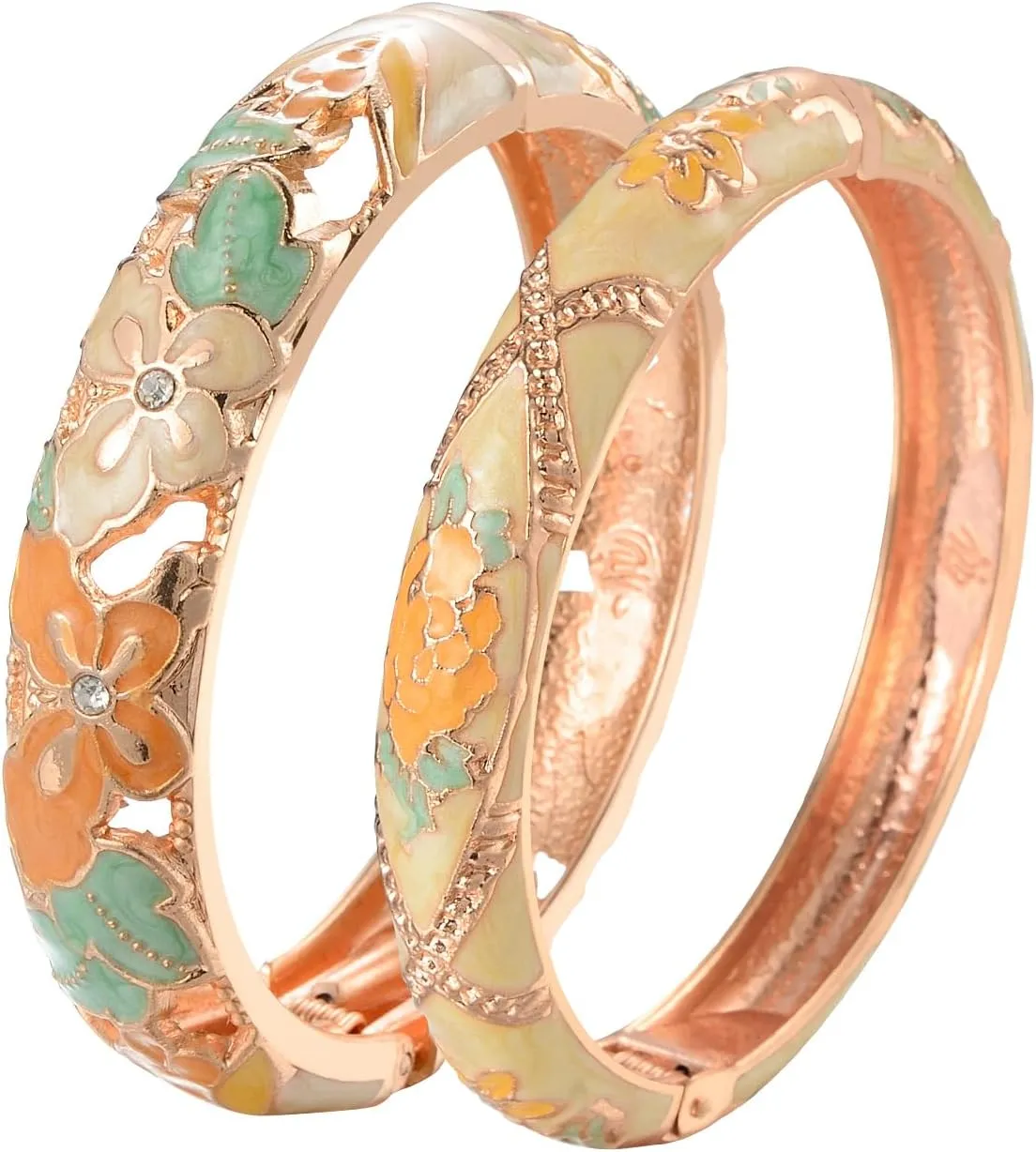 wynameleri Vintage Jewelry Cloisonne Handcrafted Enameled Gorgeous Rhinestone Rose Gold Hinged Cuff Bracelet Bangles Gifts 88A-55A128