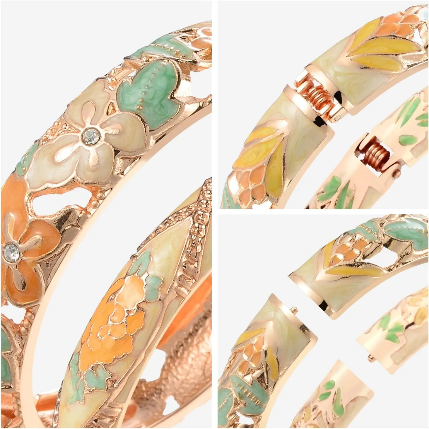 wynameleri Vintage Jewelry Cloisonne Handcrafted Enameled Gorgeous Rhinestone Rose Gold Hinged Cuff Bracelet Bangles Gifts 88A-55A128