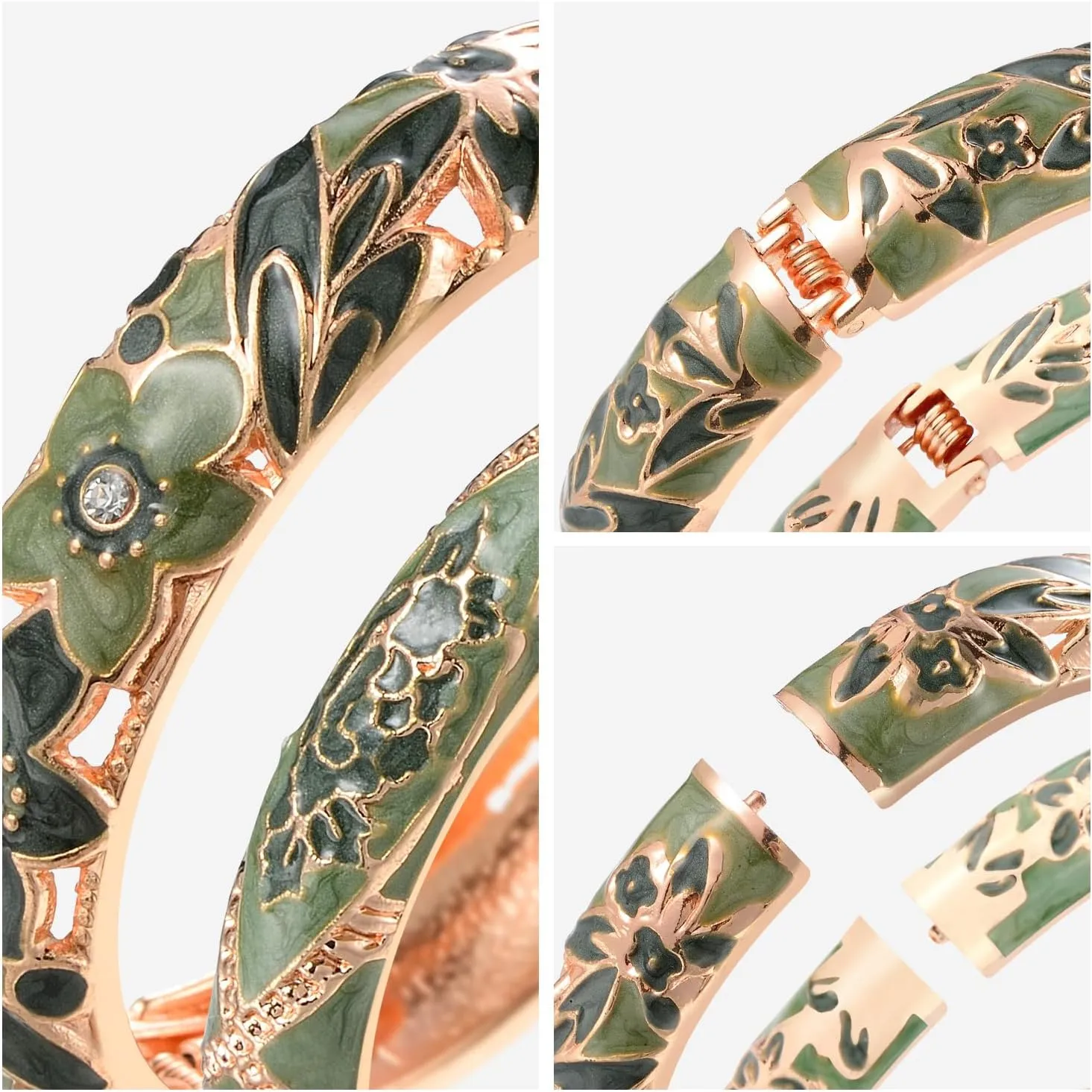 wynameleri Vintage Jewelry Cloisonne Handcrafted Enameled Gorgeous Rhinestone Rose Gold Hinged Cuff Bracelet Bangles Gifts 88A-55A128