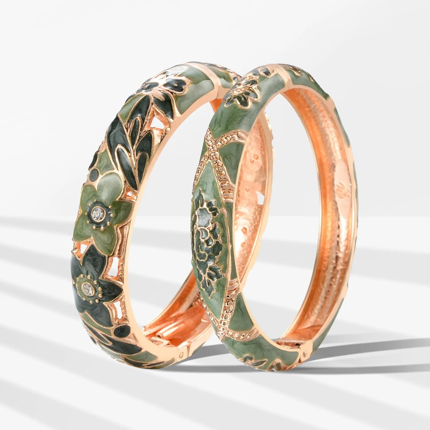 wynameleri Vintage Jewelry Cloisonne Handcrafted Enameled Gorgeous Rhinestone Rose Gold Hinged Cuff Bracelet Bangles Gifts 88A-55A128