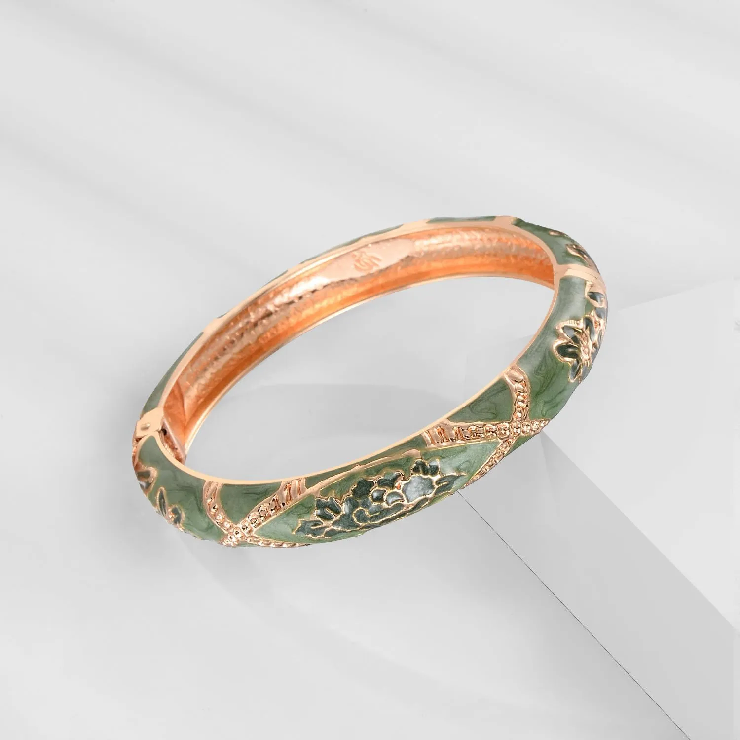 wynameleri Vintage Jewelry Cloisonne Handcrafted Enameled Gorgeous Rhinestone Rose Gold Hinged Cuff Bracelet Bangles Gifts 88A-55A128