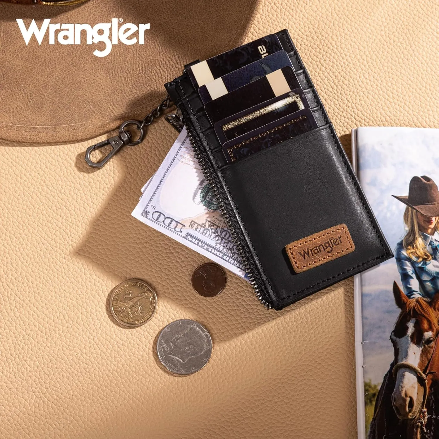 X Wrangler Black Leather Thin Card Wallet for Women - Credit Card Holder RFID Blocking Wallet with Keychain, Minimalist Small Credit Card Holder with Zipper Pocket for Men and Women