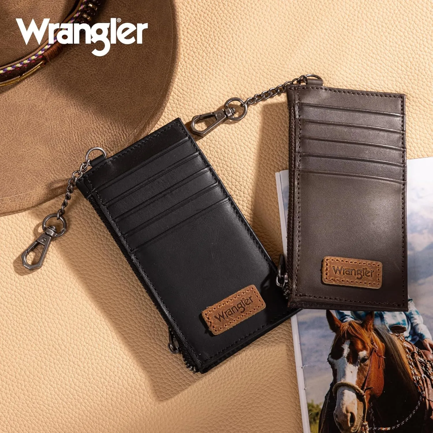 X Wrangler Black Leather Thin Card Wallet for Women - Credit Card Holder RFID Blocking Wallet with Keychain, Minimalist Small Credit Card Holder with Zipper Pocket for Men and Women