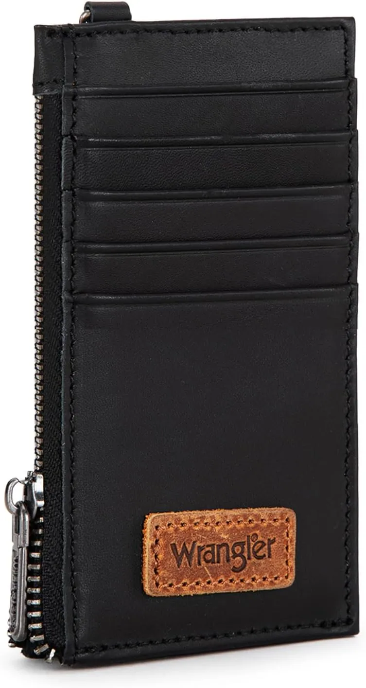 X Wrangler Black Leather Thin Card Wallet for Women - Credit Card Holder RFID Blocking Wallet with Keychain, Minimalist Small Credit Card Holder with Zipper Pocket for Men and Women