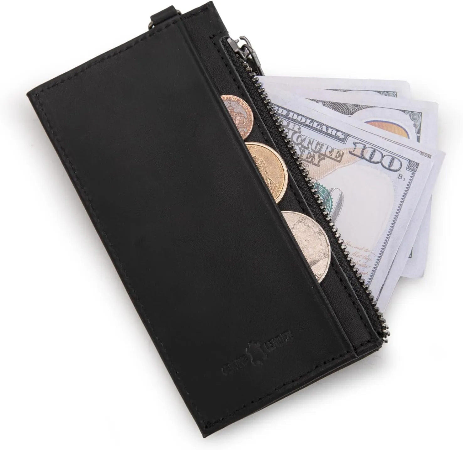 X Wrangler Black Leather Thin Card Wallet for Women - Credit Card Holder RFID Blocking Wallet with Keychain, Minimalist Small Credit Card Holder with Zipper Pocket for Men and Women