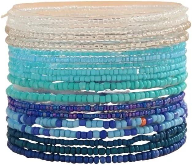 XAM 18 Cross-border Bohemian Blue Gradient Beaded Multi-layer Wear Adjustable Bracelet Anklet Set Women Foot Accessories
