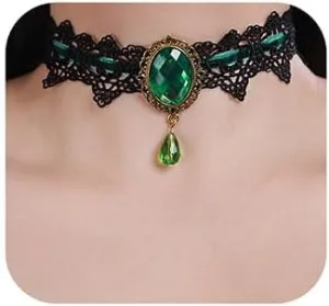 Xerling Green Crystal Beads Pendant Black Lace Choker Vintage Gothic Elegant Halloween Costume Necklaces Goth Collar Choker for Women (Green)
