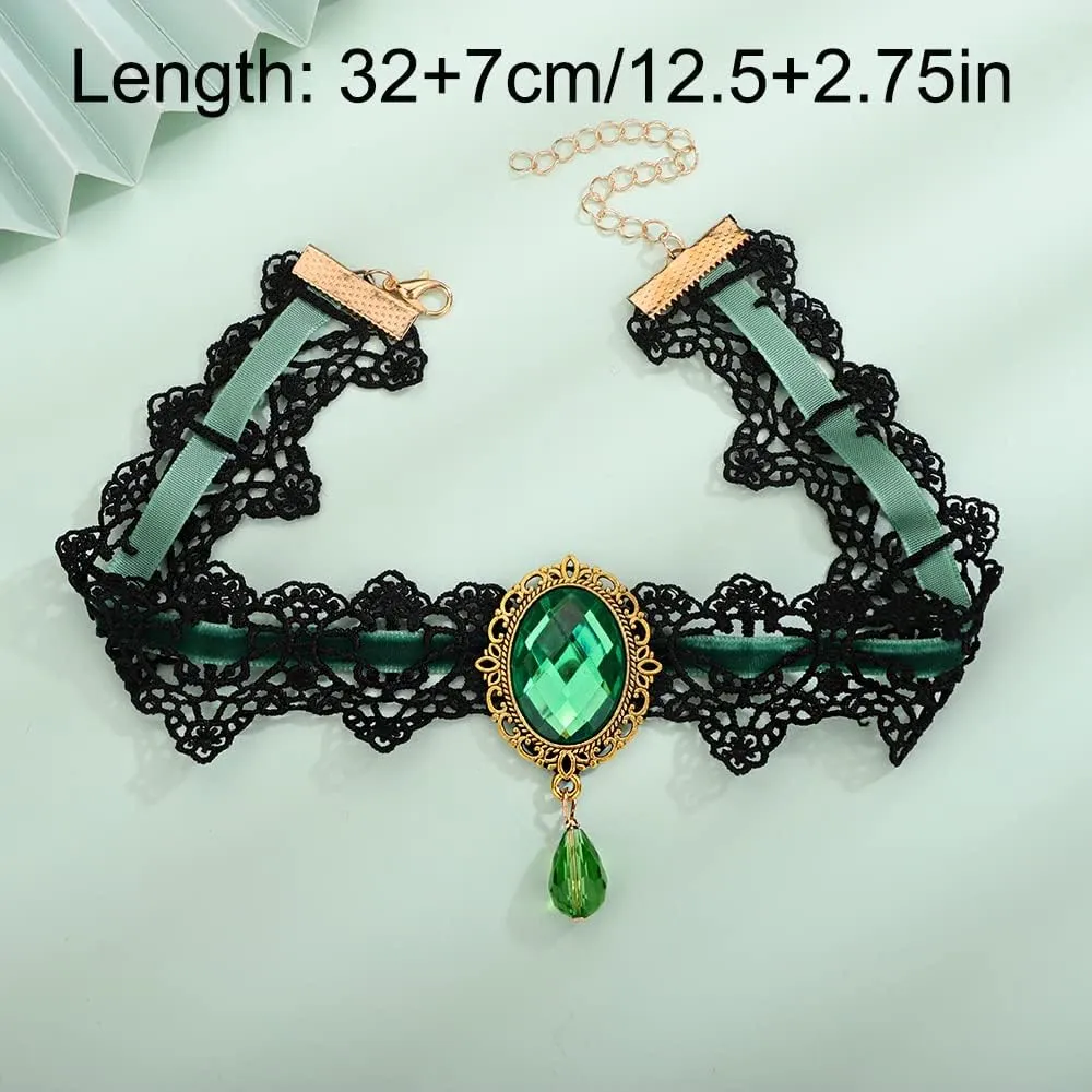 Xerling Green Crystal Beads Pendant Black Lace Choker Vintage Gothic Elegant Halloween Costume Necklaces Goth Collar Choker for Women (Green)