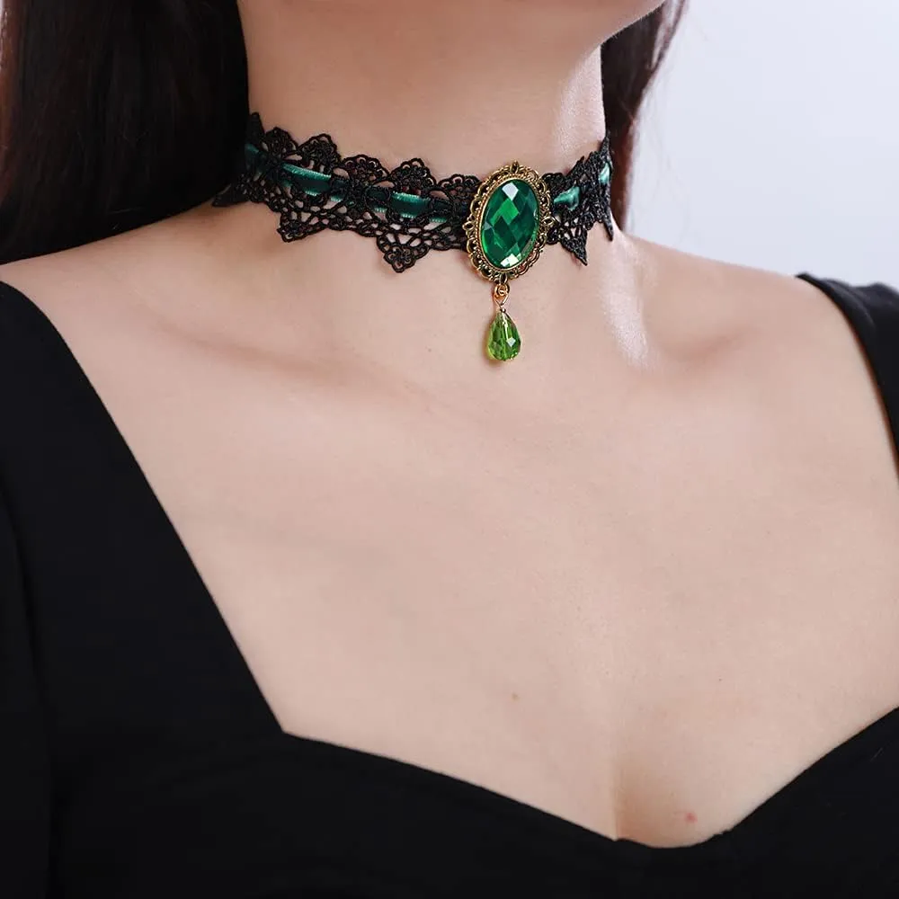 Xerling Green Crystal Beads Pendant Black Lace Choker Vintage Gothic Elegant Halloween Costume Necklaces Goth Collar Choker for Women (Green)