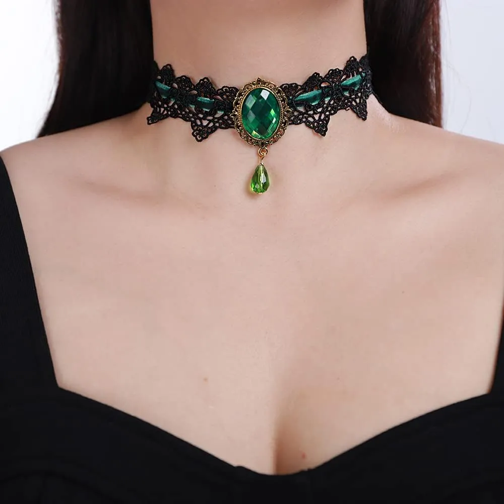 Xerling Green Crystal Beads Pendant Black Lace Choker Vintage Gothic Elegant Halloween Costume Necklaces Goth Collar Choker for Women (Green)