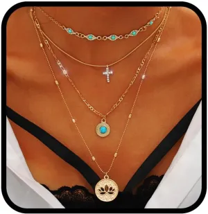 Yalice Gold Layered Pendant Necklaces for Women Boho Turquoise Choker Necklace Cross Stackable Chain Jewelry Gifts
