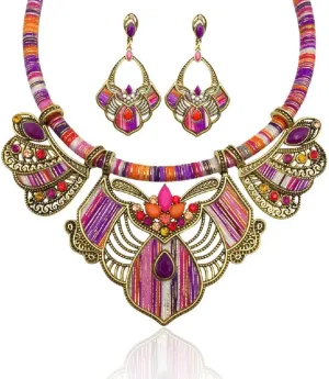 YAZILIND Chunky Necklace Earrings Women's Bohemian Chain Tribal Jewelry Set Handmade Geometric Charm Bib Choker Necklaces