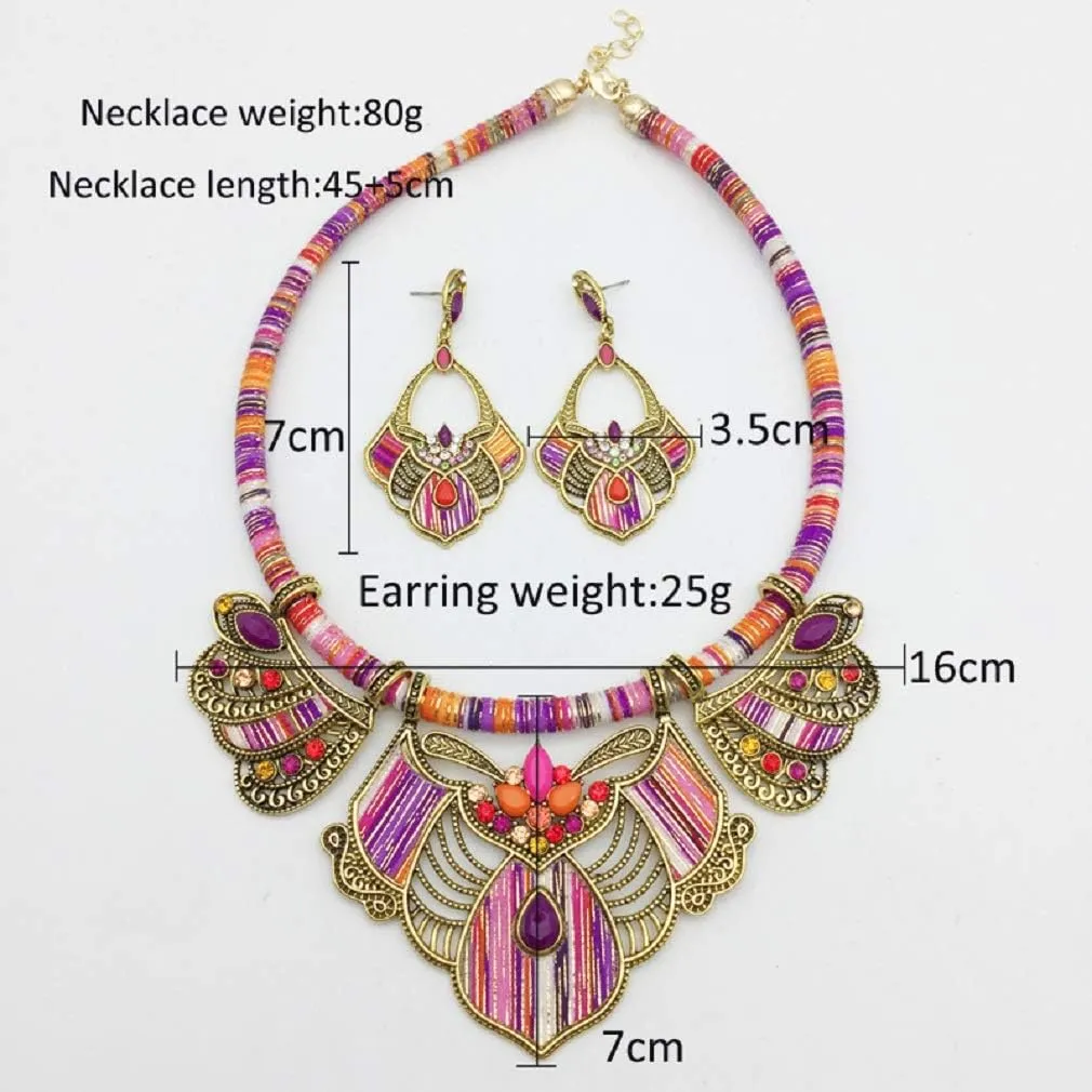 YAZILIND Chunky Necklace Earrings Women's Bohemian Chain Tribal Jewelry Set Handmade Geometric Charm Bib Choker Necklaces