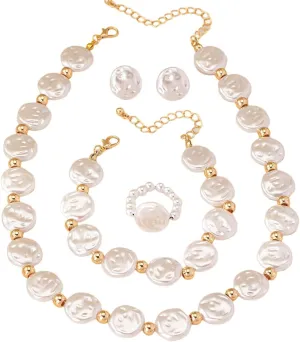 YAZILIND Elegant White Imitation Pearl Jewelry Set - Necklace, Bracelet, Earrings, and Ring with Gold Beads for Women - Classic Bridal, Party, and Casual Wear Jewelry(White)