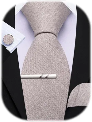 YOHOWA Extra Long Ties for Men Solid Color Cotton Wool Necktie and Pocket Square Cufflinks Tie Clip Sets Business Wedding