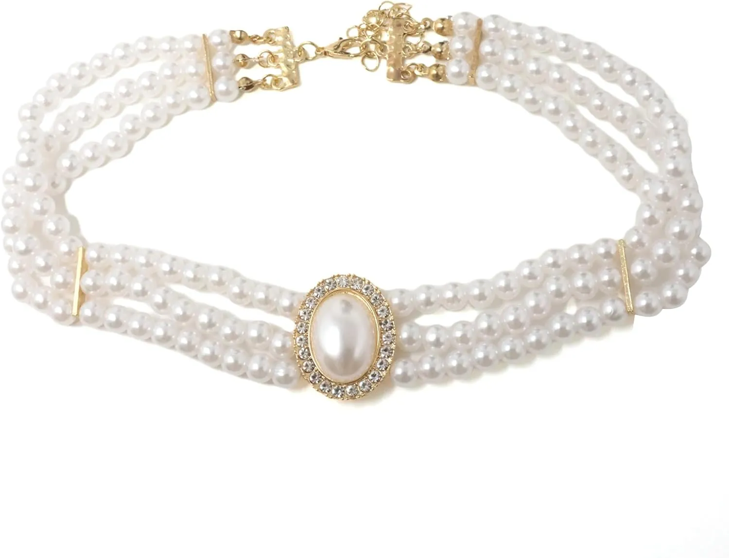 yueton 1Pack Classic Imitation Pearl Necklace 3-Row Pearls Choker 1920s Rhinestone Imitation Pearl Choker Chain Multilayer Pearl Necklace for Party Costume Dancing Birthday 1920s Party