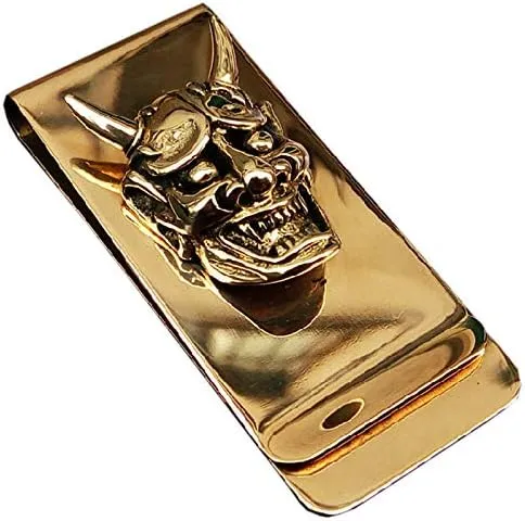 Yuri Brass Skull Hannya Pendant Slim Cash Money Clip Wallet Credit Card Holder Accessory Handwork Mens Gift